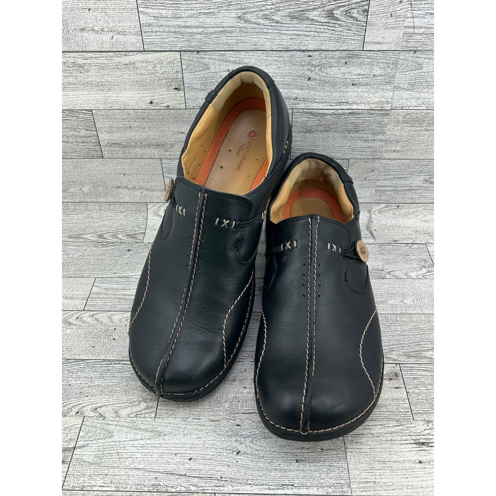 Clarks Unstructured Black Leather‎ Loafers Button Detail Women Sz 11M